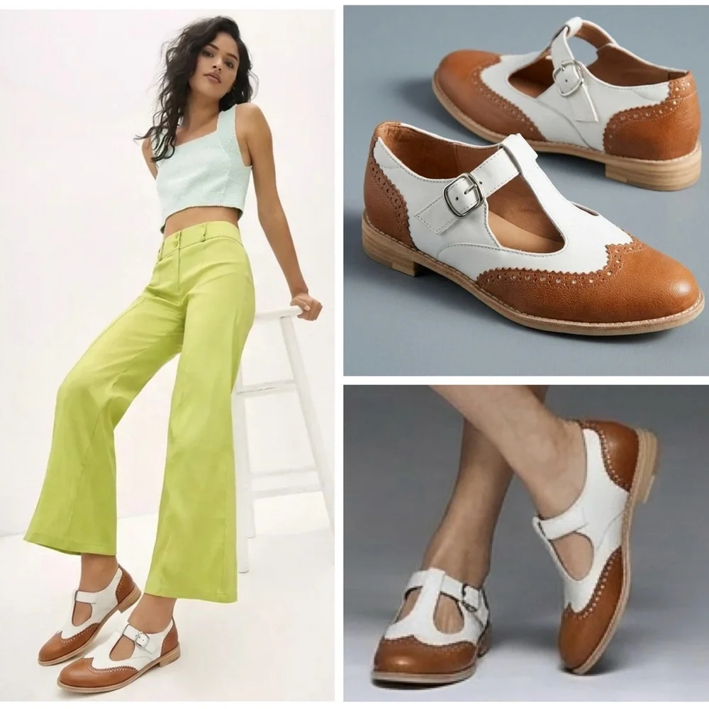 Anthropologie Wingtip Brown White Leather Mary Janes All Black Belted Wings NWT - Picture 1 of 16